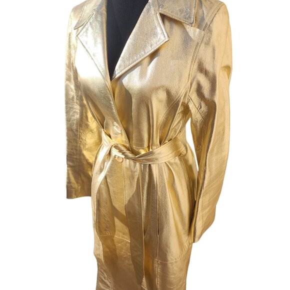 ⭐Luxury Designer Stylish Gold Real Genuine Leather Glamorous Jacket Coat Trench - Picture 16 of 16